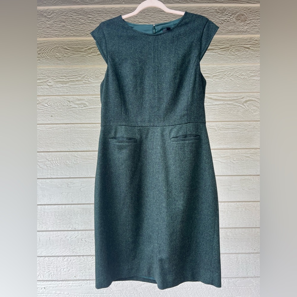 JCrew Forest Green Tweed Cap Sleeve Sheath with Pockets size 14 Tall